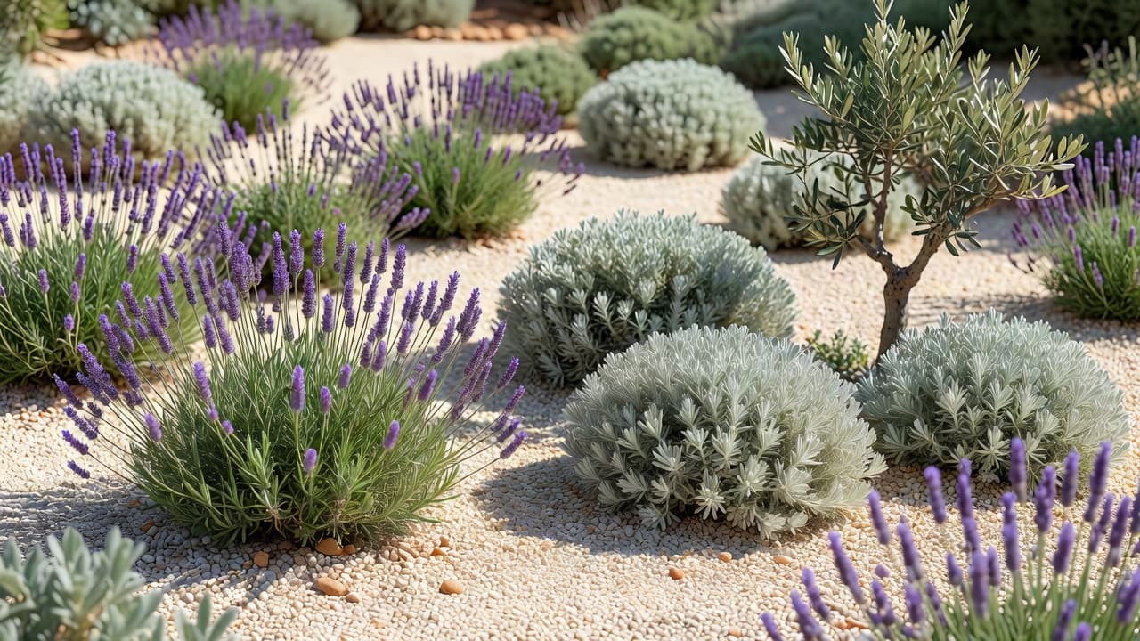 A drought-tolerant gravel garden with lavender, santolina and an olive tree in full sun