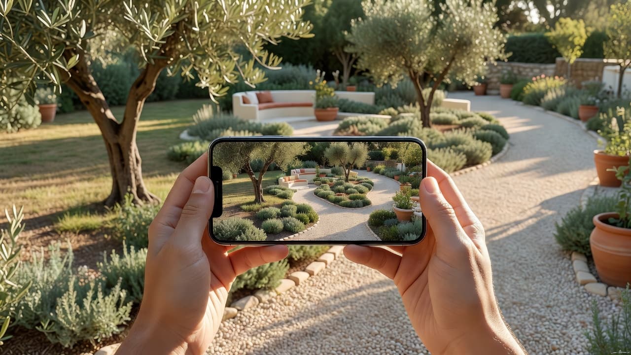 A smartphone showing an AI-generated Mediterranean garden design preview held up in front of a real backyard