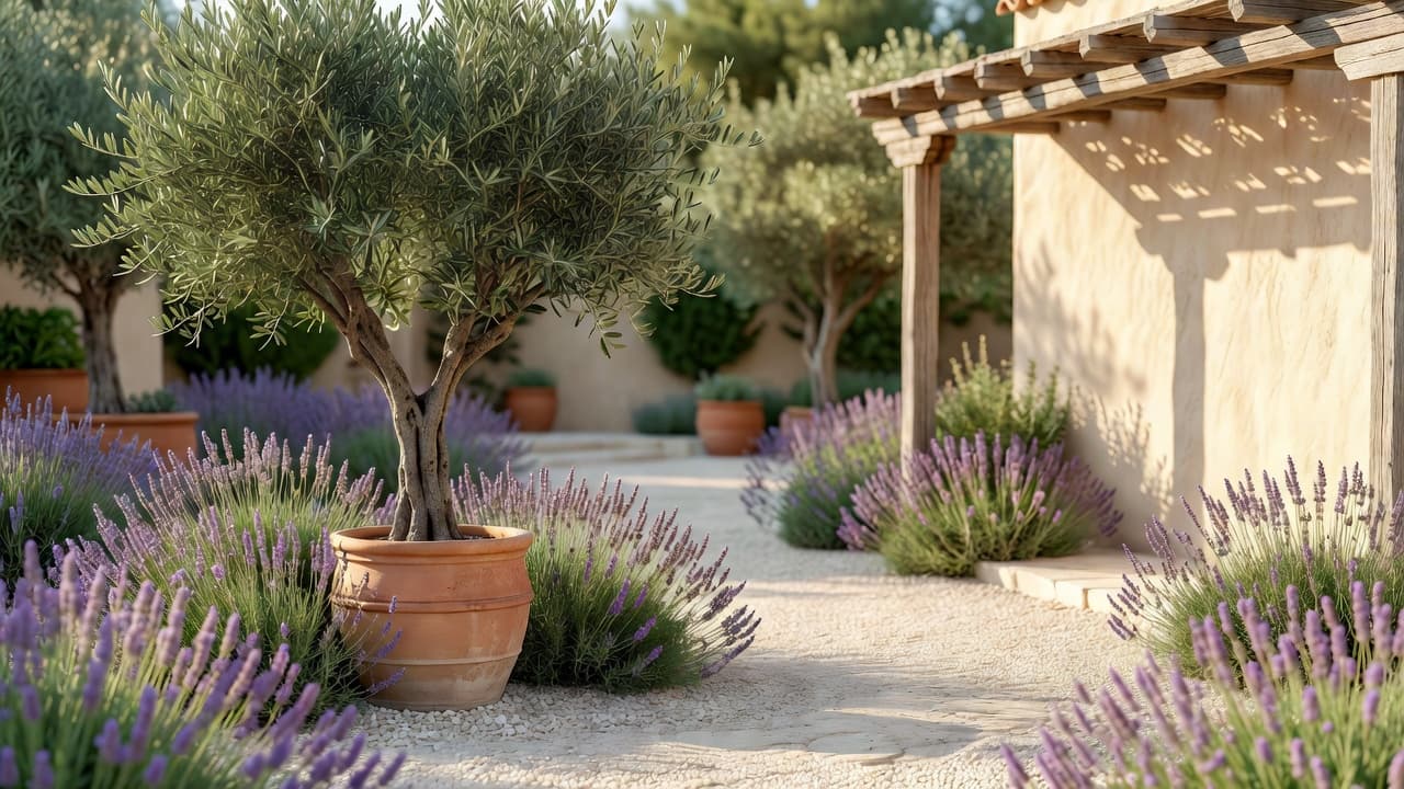 Mediterranean garden design with an olive tree, lavender borders, gravel paths and terracotta pots in a sunlit courtyard