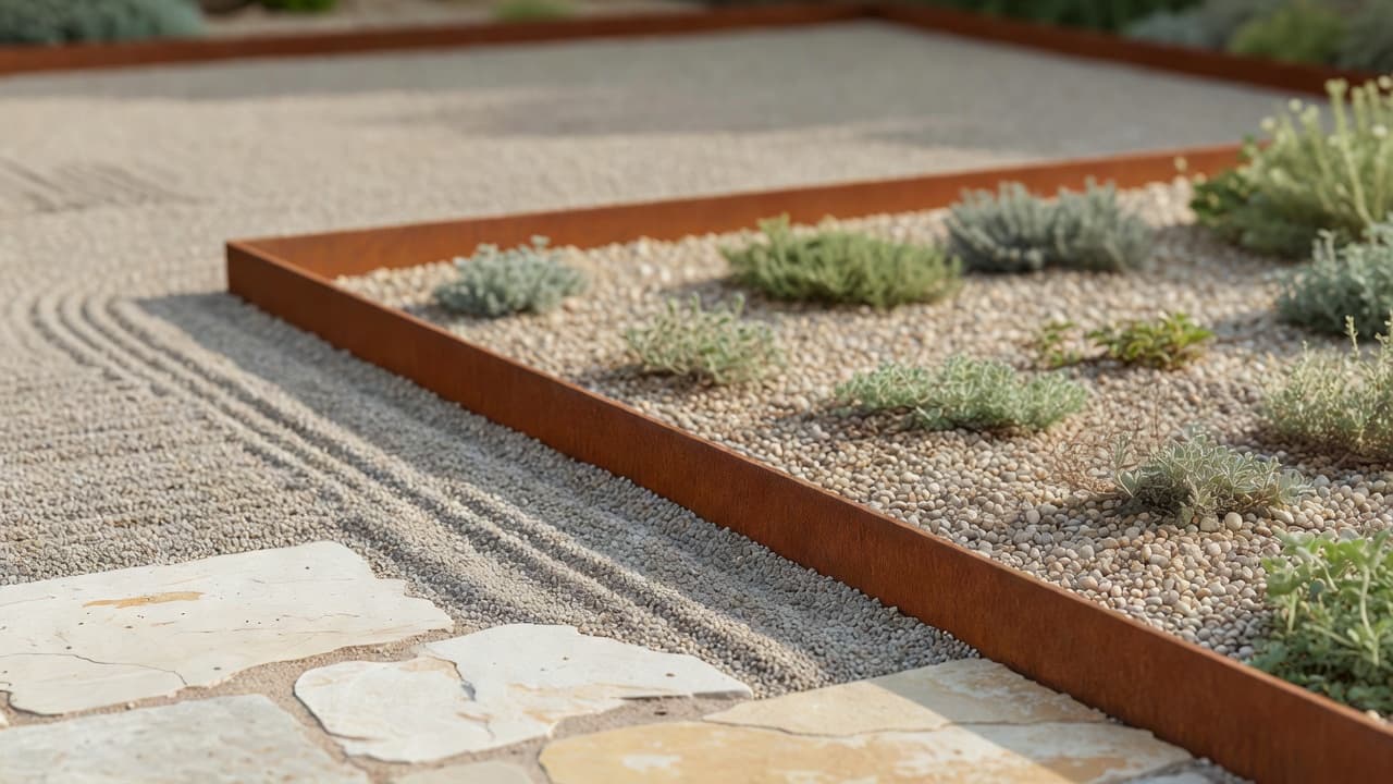 Corten steel edging separating raked grey gravel from a gravel bed in a minimalist garden design
