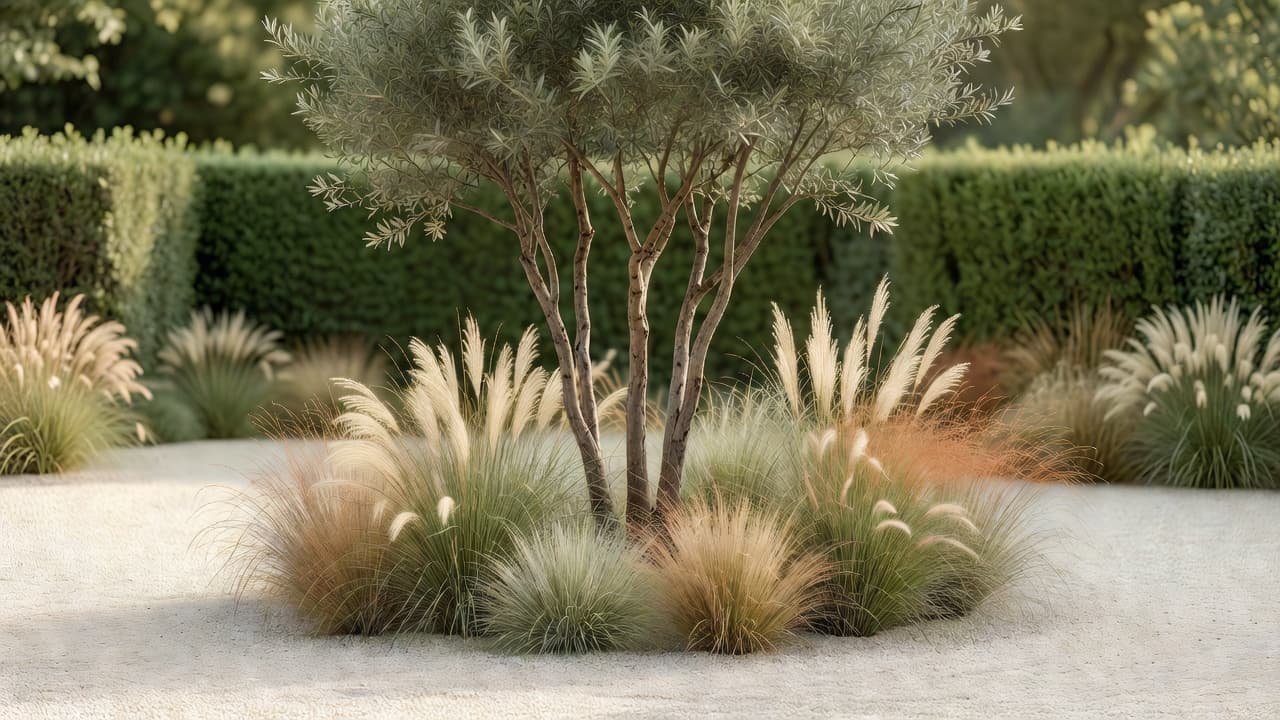 A single multi-stem specimen tree underplanted with ornamental grasses in a minimalist garden design