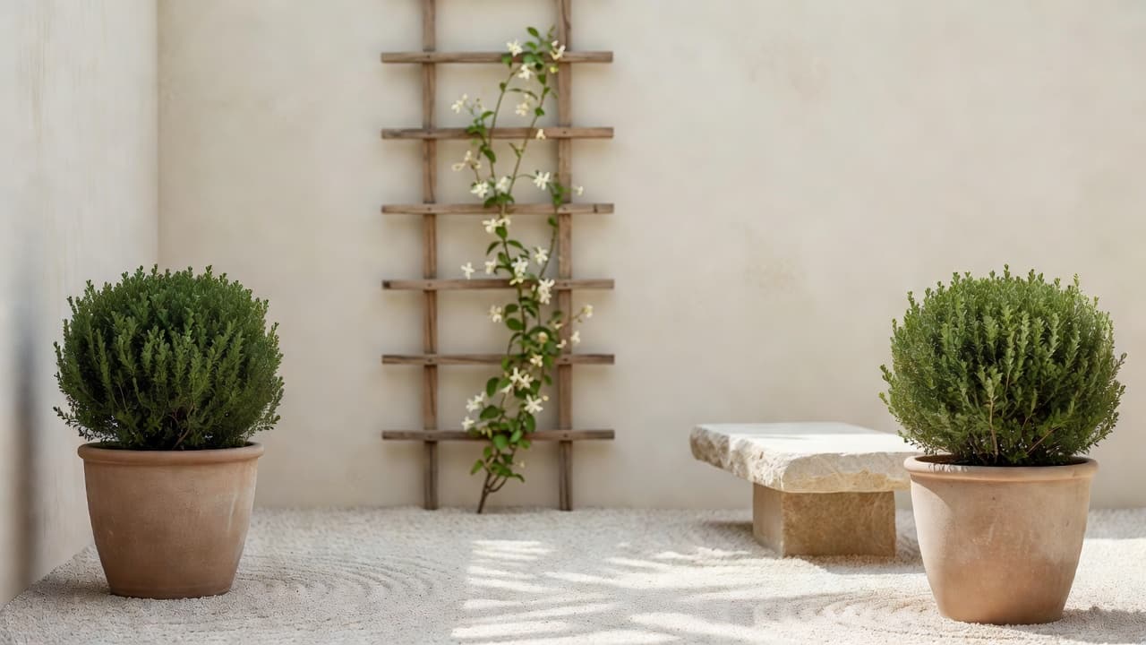 A small minimalist courtyard garden with gravel, a single climbing plant and matching planters