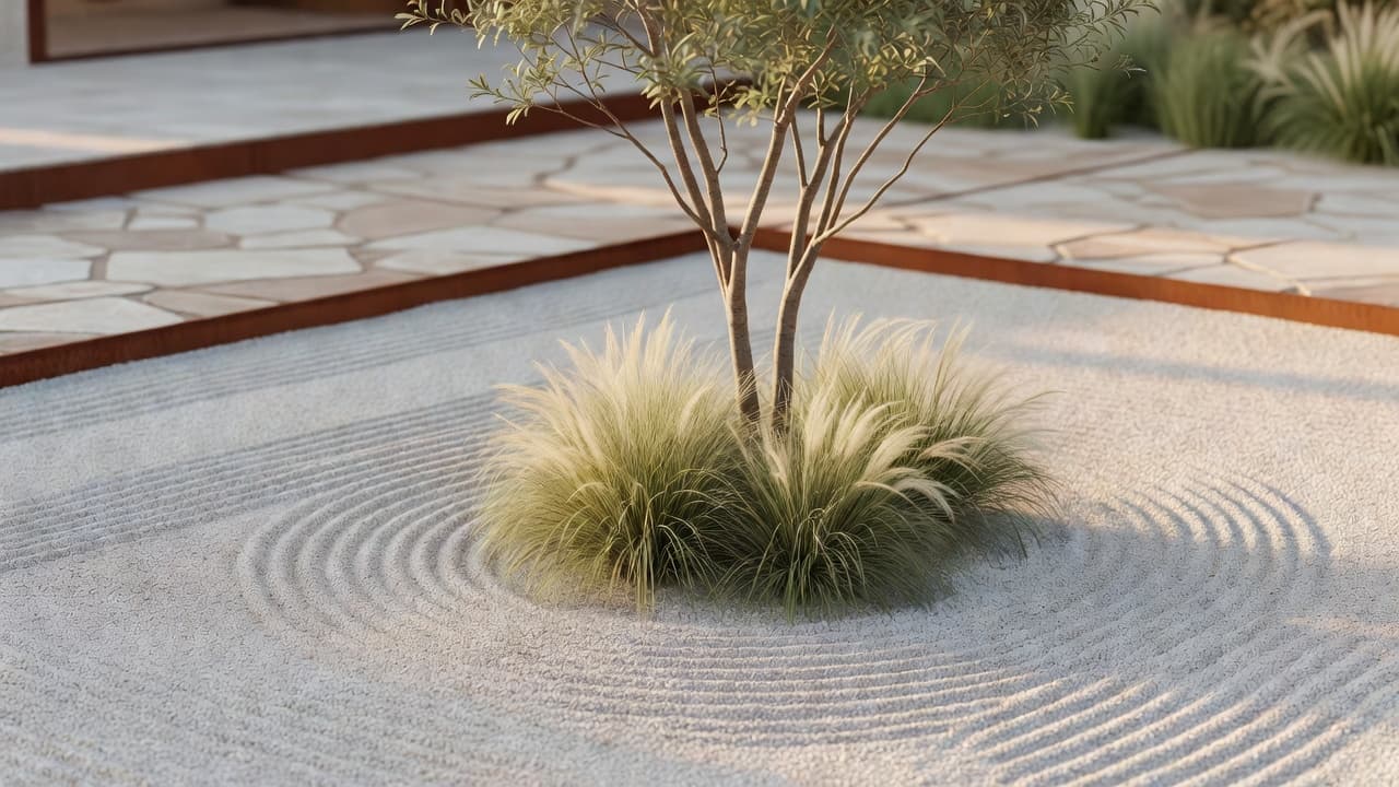 Minimalist garden design ideas: a courtyard with corten steel edging, raked gravel and a single multi-stem tree