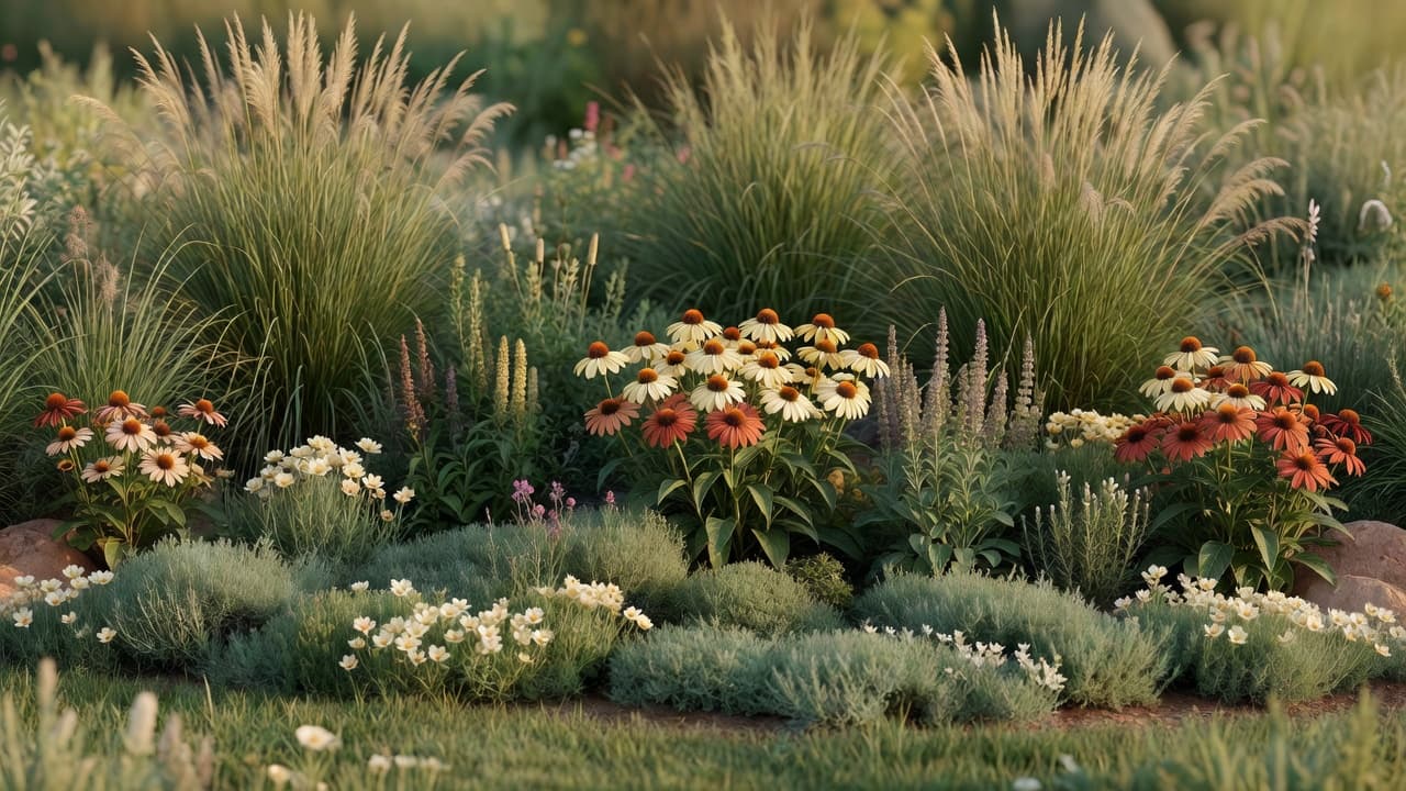 Geschichtete Gartengestaltung mit heimischen Pflanzen: hohe Gräser im Hintergrund, mittelhohe blühende Stauden und eine niedrige heimische Bodendeckerschicht im Vordergrund