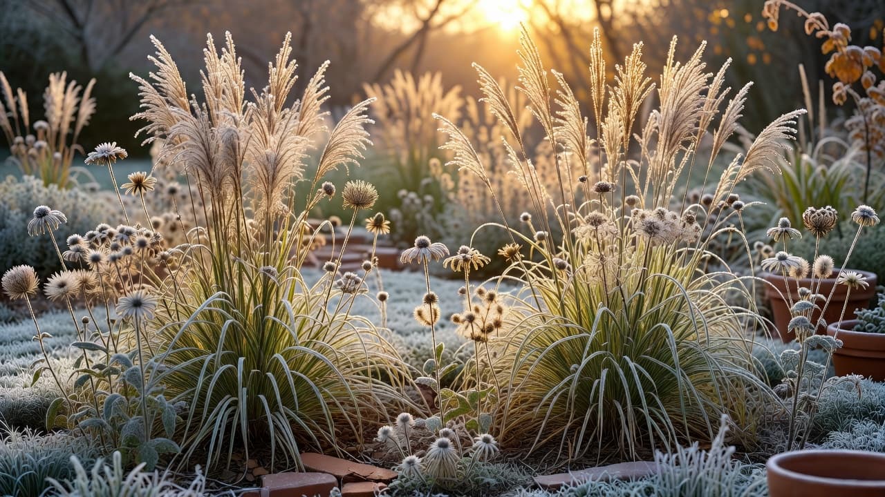 Heimische Gräser und Staudensamenstände sorgen für Winterstruktur in einer Gartengestaltung mit heimischen Pflanzen