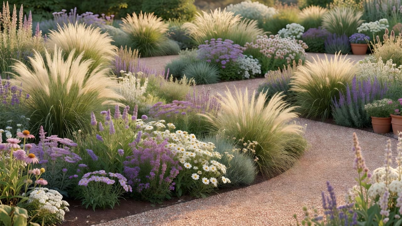 A garden design with native plants arranged in layered drifts of grasses and flowering perennials along a gravel path