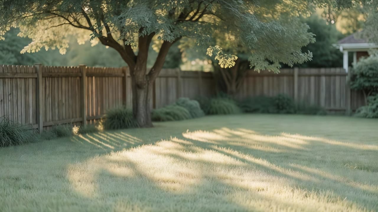Dappled afternoon light falling across a north facing garden lawn, showing bright patches near the boundary fading to deeper shade near the house