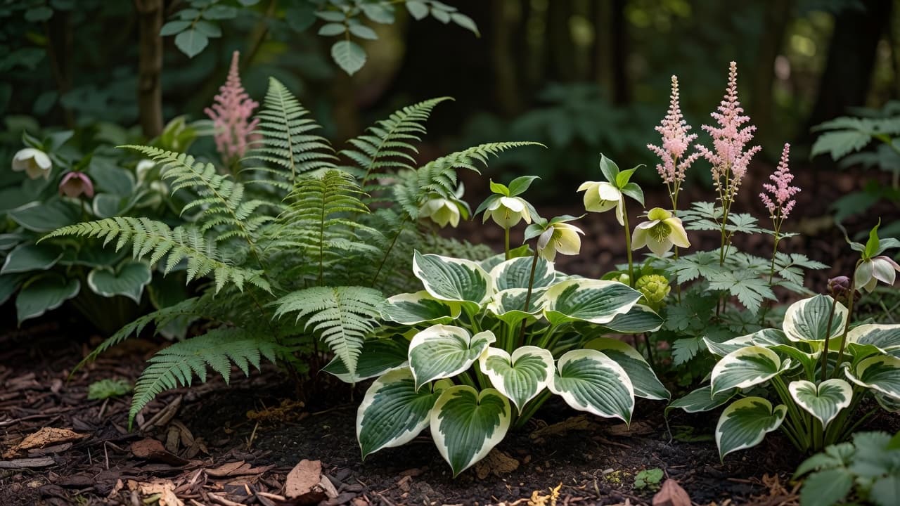 A shaded border planted with variegated hostas, ferns, hellebores and astilbe in a north facing garden