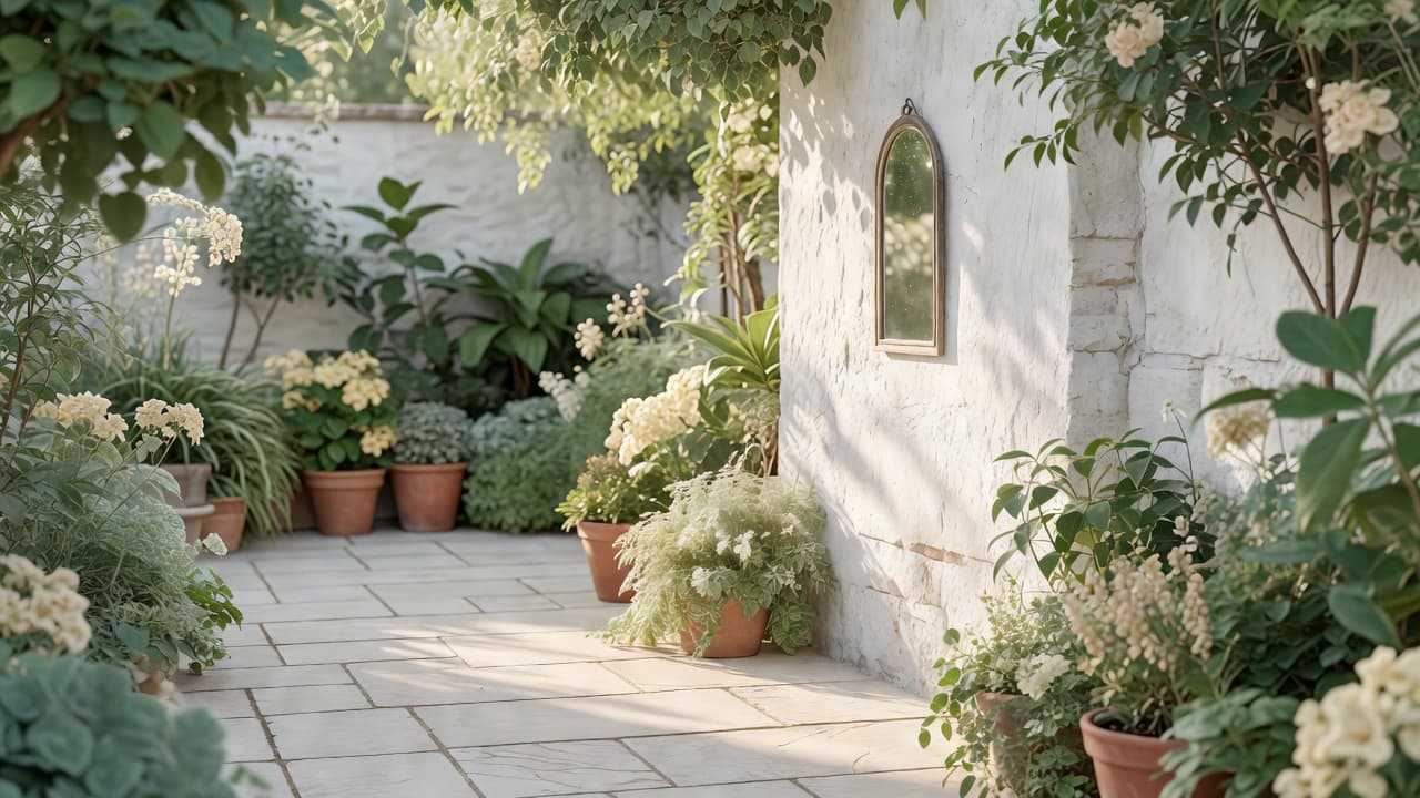 Pale sandstone paving and a whitewashed garden wall reflecting light into a shaded north facing garden seating area