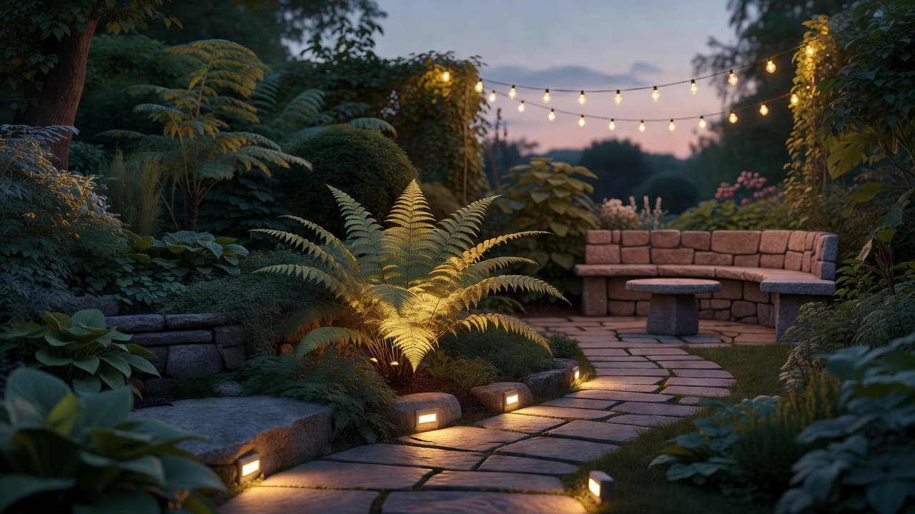 Warm low-level lighting in a shaded north facing garden in the evening, uplighting a fern and lighting a stone path