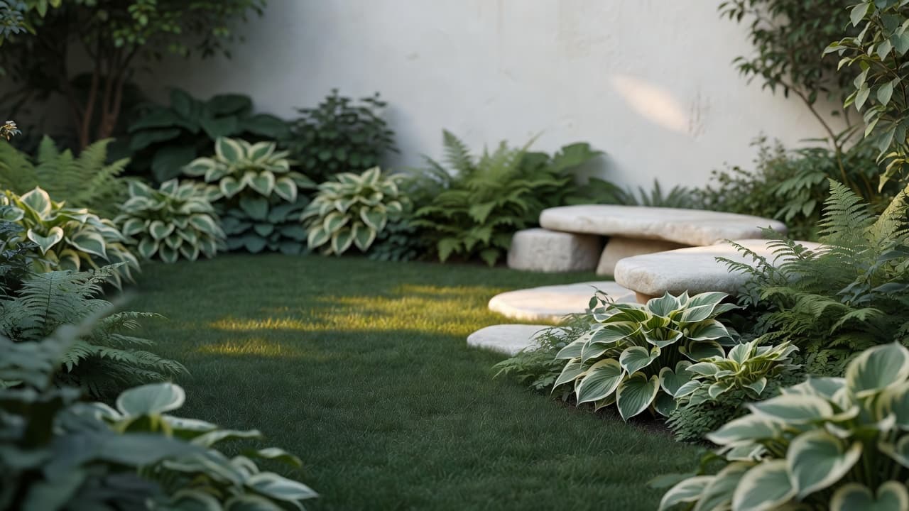 North facing garden design with a shaded lawn, layered hosta and fern planting, and a pale stone seating area catching the available light