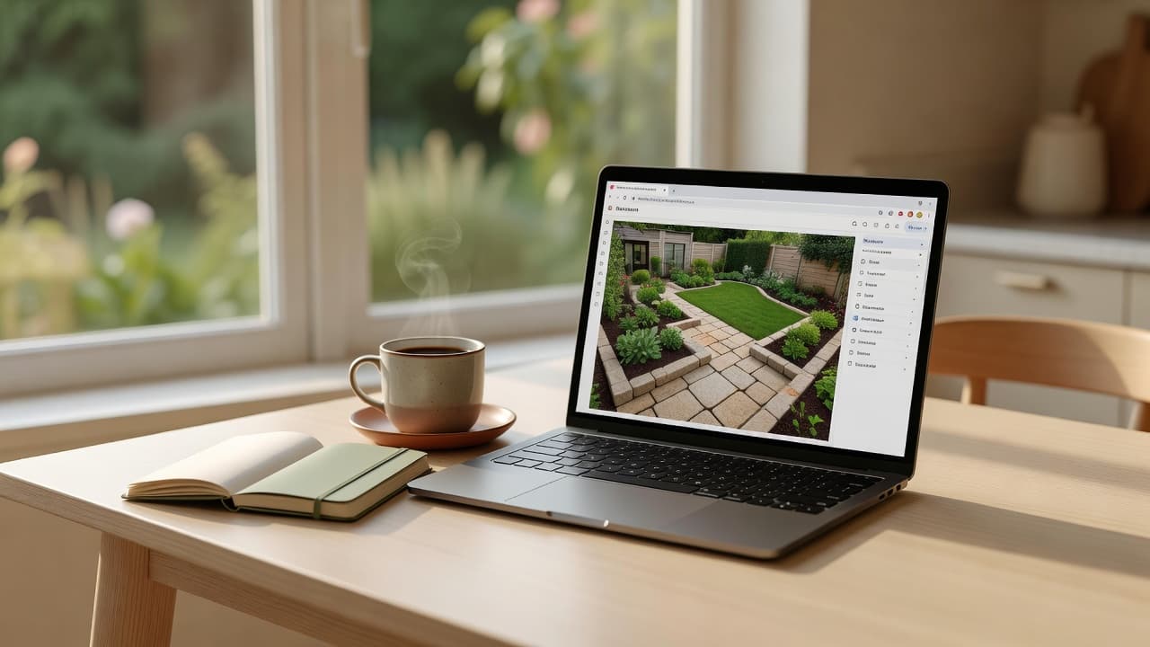 An online garden design tool open in a browser on a laptop at a kitchen table, the screen showing a real garden being redesigned online with new borders and a stone terrace