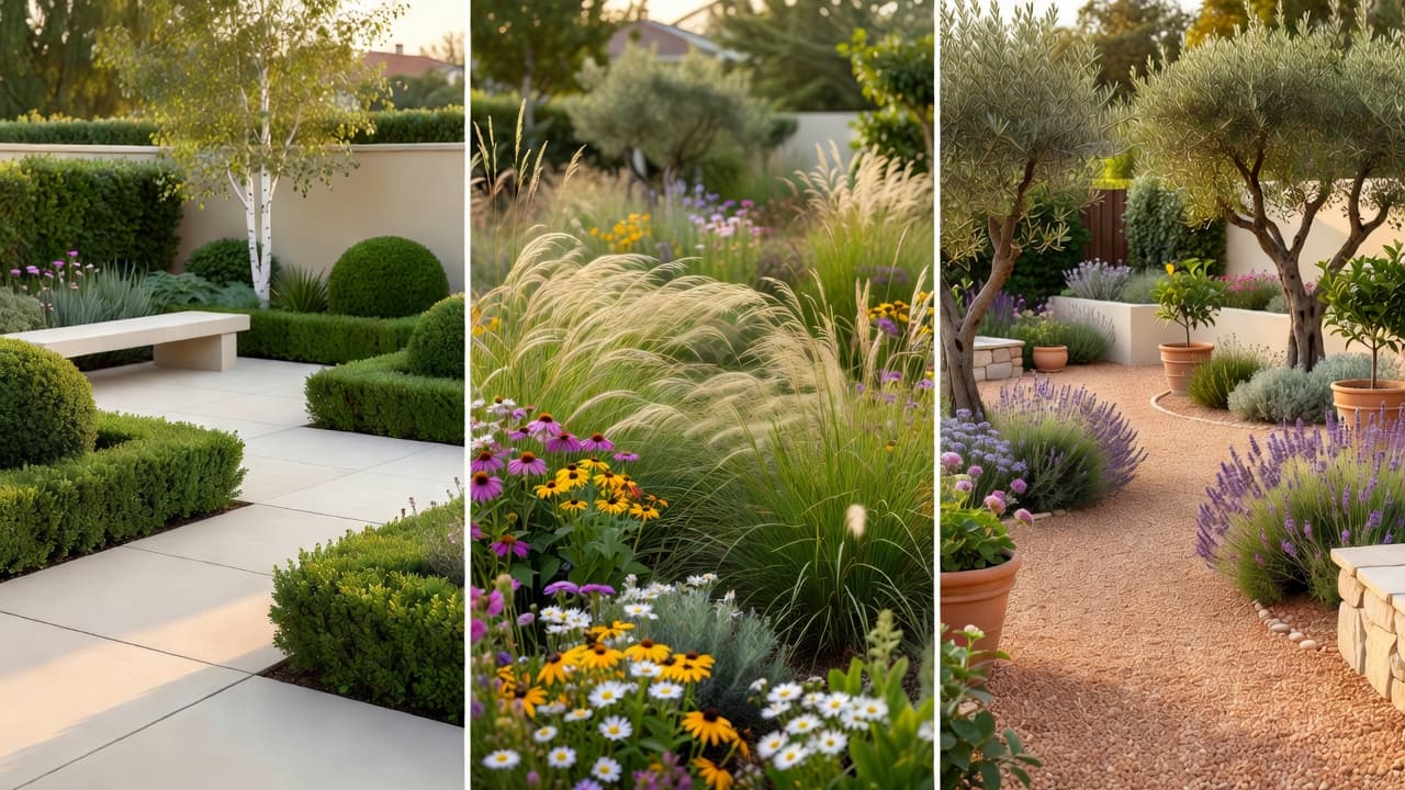 The same garden redesigned online in three styles — modern minimalist, naturalistic prairie planting and a Mediterranean gravel garden — shown side by side in a browser