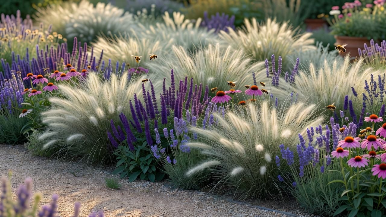 A naturalistic 2026 planting scheme first designed online then planted: drifts of ornamental grasses, purple salvia, coneflower and English lavender with bees in warm daylight