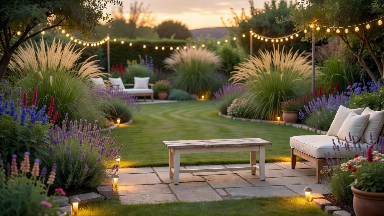 A finished garden first designed online: curved naturalistic borders, ornamental grasses, a small stone terrace and soft evening lighting at dusk