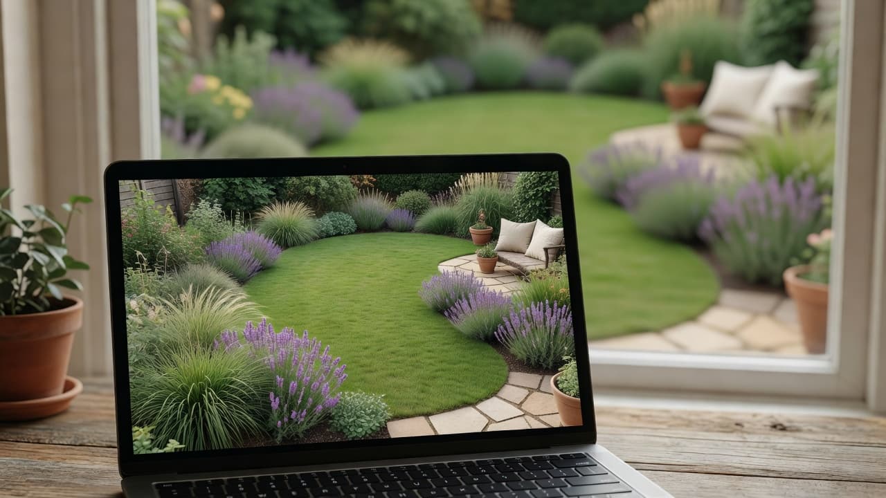 An online garden design tool open in a web browser on a laptop beside a real back garden, the screen showing a photorealistic redesign with new planted borders, a lawn and a paved seating area