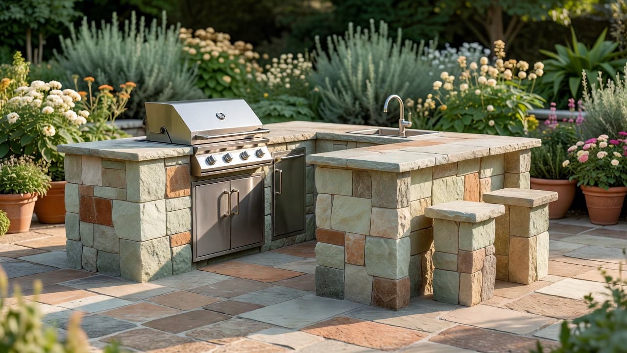 Layout de cuisine extérieure en L avec zone barbecue, plan de préparation en pierre et petit bar sur une terrasse de jardin