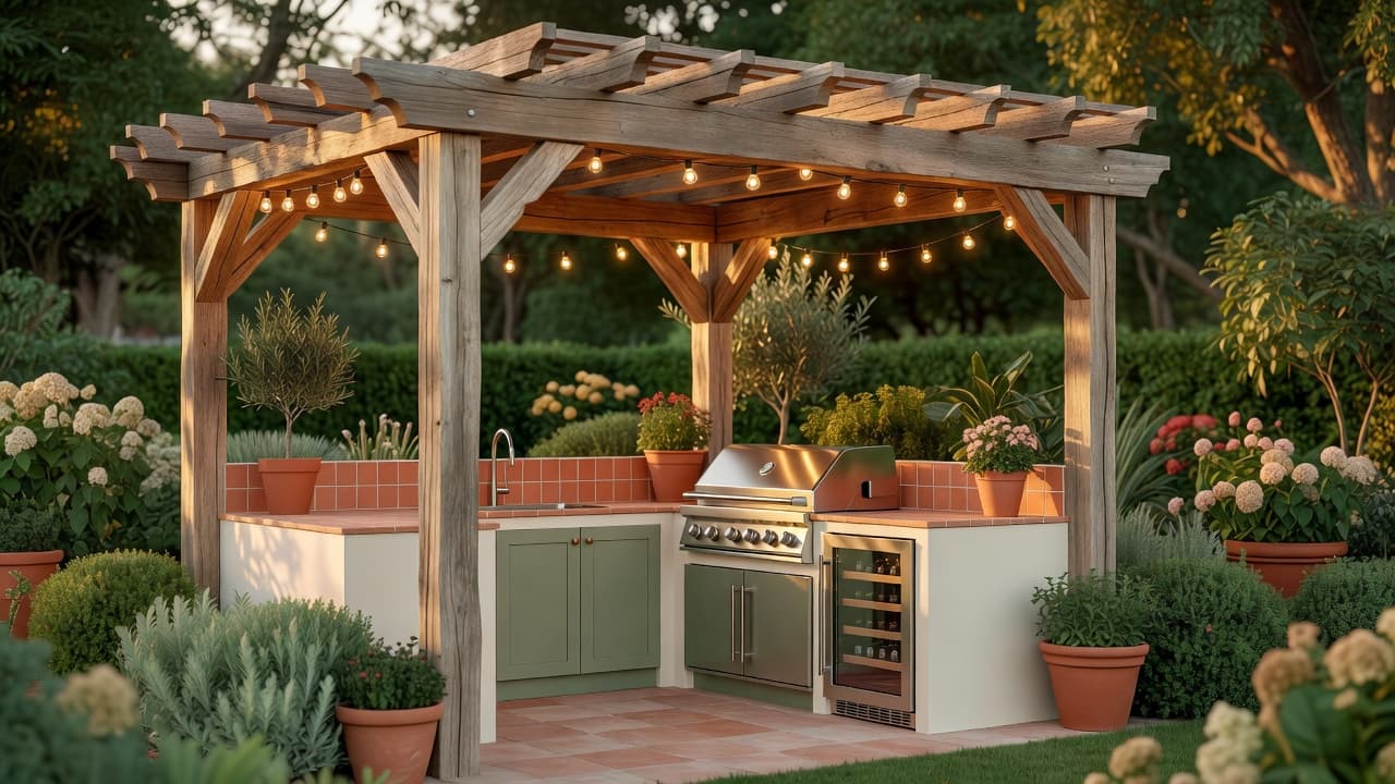 Cuisine extérieure couverte sous une pergola en bois avec barbecue en inox, réfrigérateur à boissons et éclairage chaud du soir