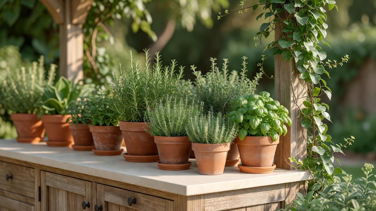 Jardin d'herbes aromatiques en pots avec romarin, thym et basilic à côté d'un plan de préparation de cuisine extérieure