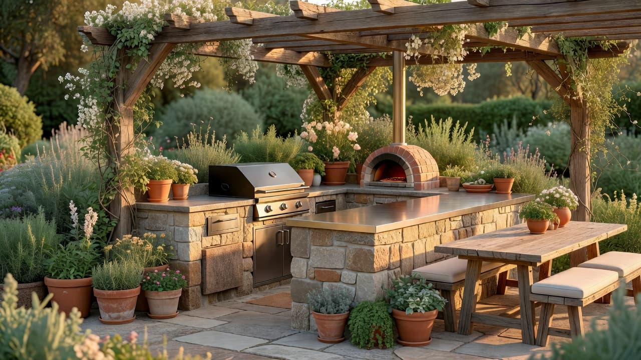 Outdoor kitchen design ideas: an L-shaped stone and stainless-steel outdoor kitchen under a wooden pergola, warm golden-hour light