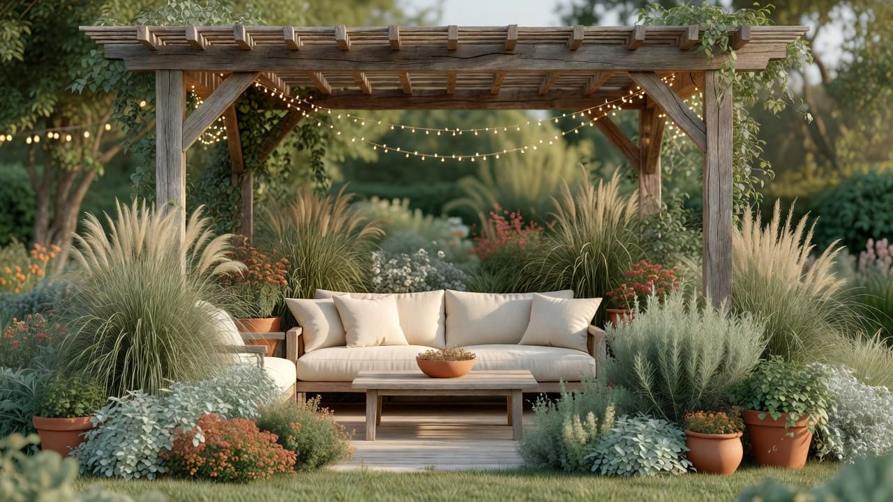 Outdoor room design: a furnished garden lounge area under a pergola with a sofa, coffee table and layered planting either side, warm evening light