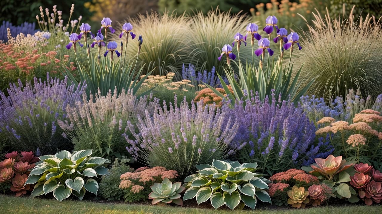 A tiered perennial border with tall irises and grasses at the back, lavender and salvia filling the middle, and low hostas and sedum at the front edge