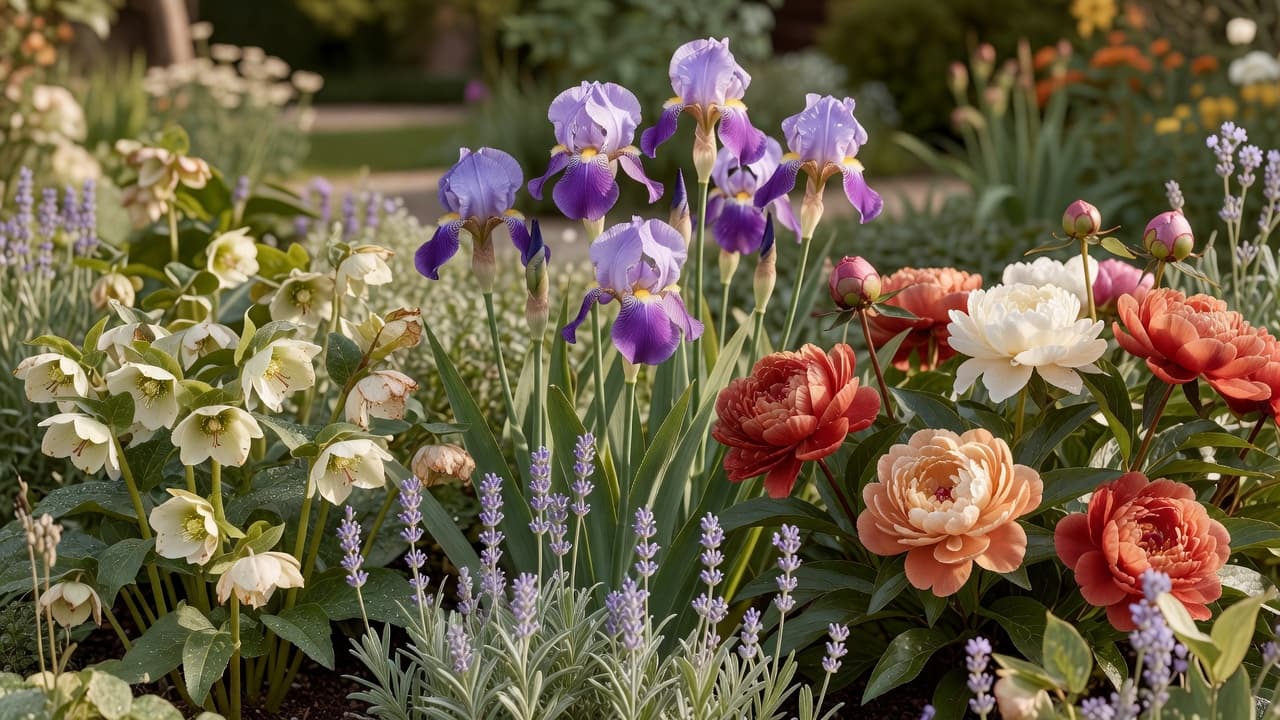 A perennial border showing bloom succession, with spring hellebores fading as early summer irises and peonies come into flower alongside emerging lavender for midsummer
