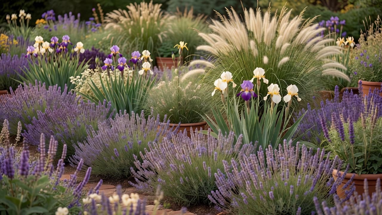 A mature, well-designed perennial garden border in midsummer with repeated drifts of lavender and salvia and a backdrop of tall irises and grasses