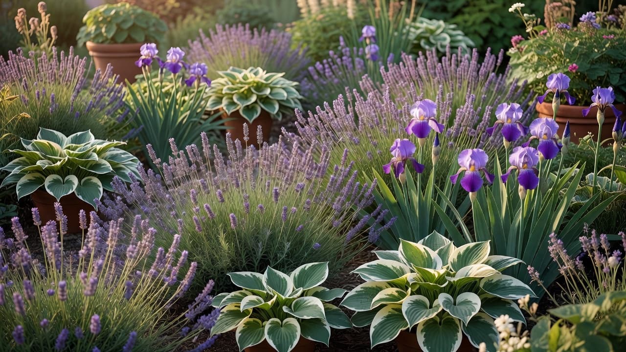 A layered perennial garden border in full summer bloom with lavender, irises and hostas planted in drifts of three and five