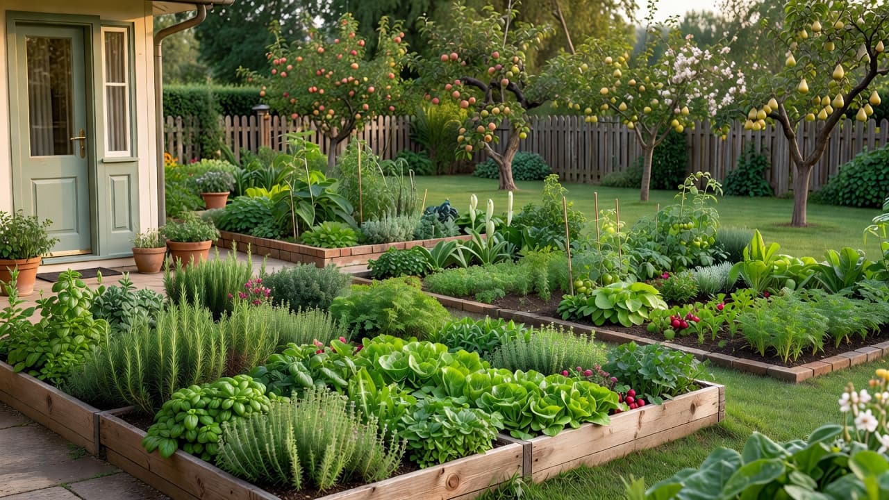 A permaculture zone map overlaid on a home garden, showing zone 1 raised beds near the house and zone 3 orchard trees further out