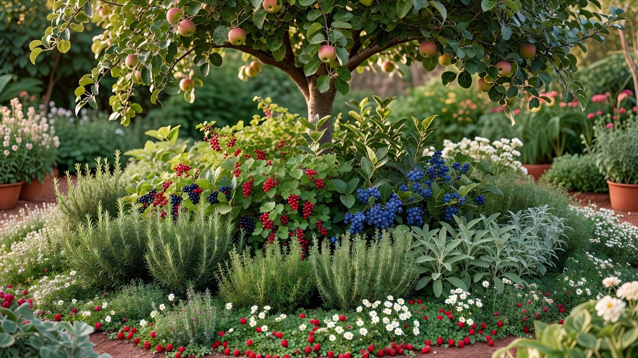 A small food forest planting with an apple tree canopy, currant shrubs, herbs and strawberry ground cover in a permaculture garden design
