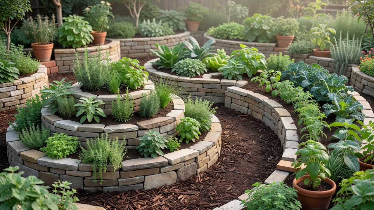 A herb spiral and a keyhole-shaped raised bed in a small permaculture garden design, surrounded by mulched paths