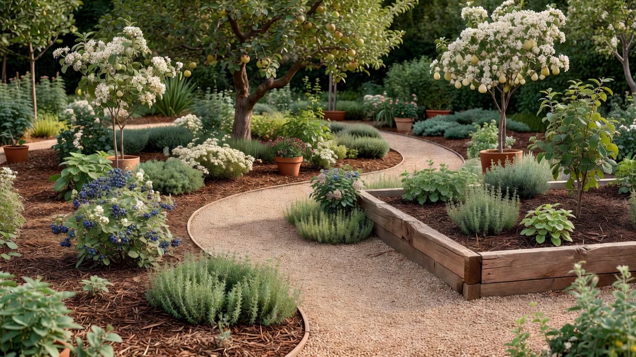 A permaculture garden design with layered fruit trees, shrubs and ground cover planted around a gravel path and raised beds