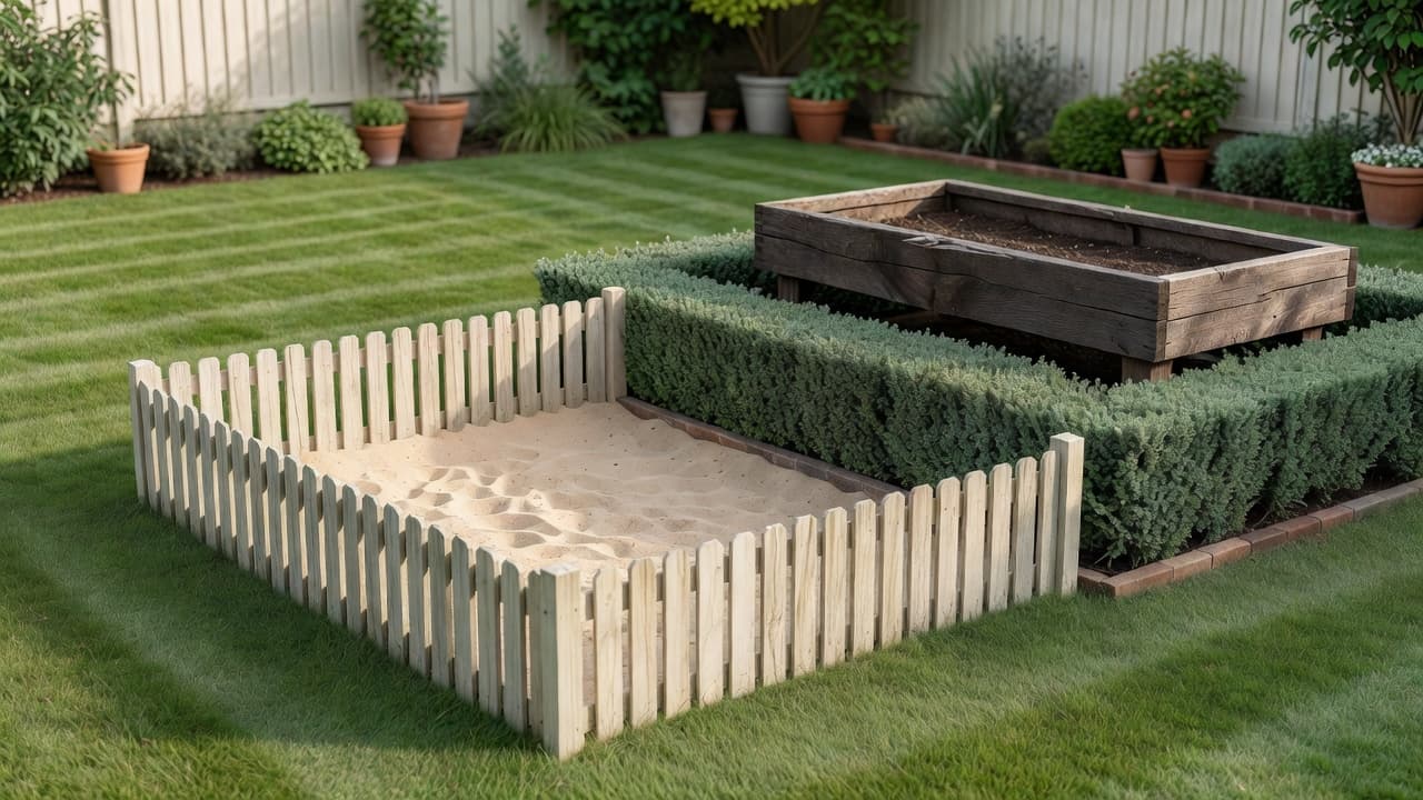 Design de jardim para animais de estimação com poço de escavação vedado para um cão e canteiro elevado protegido atrás de sebe baixa