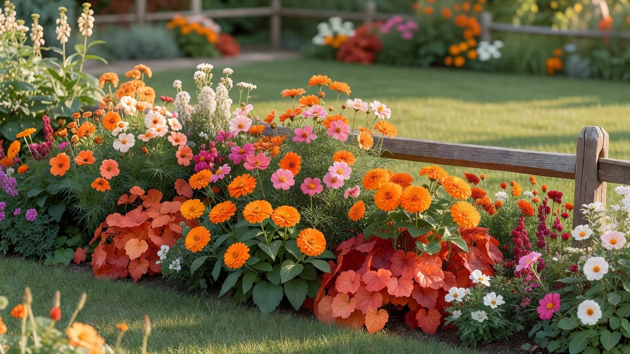 Canteiro de jardim seguro para animais plantado com cosmos, calêndulas e heucheras, separado de uma área de brincar vedada para cães