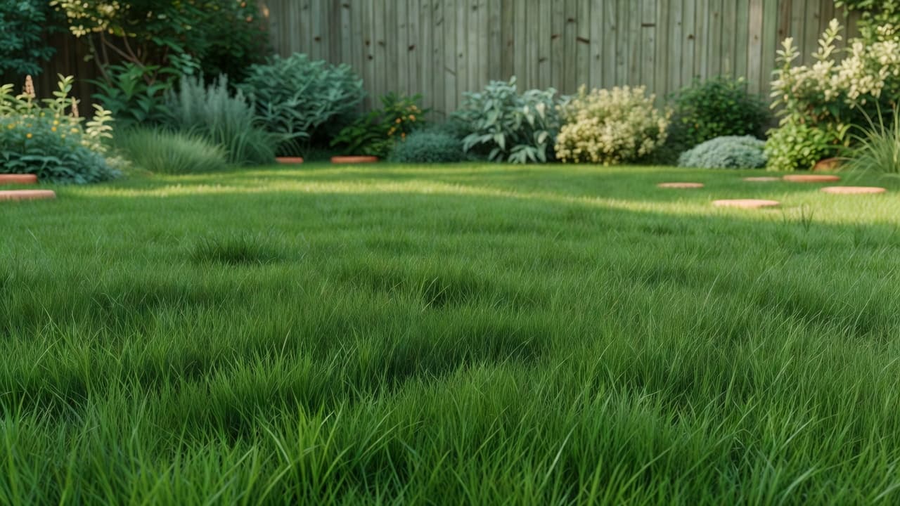 Relvado de jardim adequado para cães em festuca alta recuperado do desgaste perto de uma área de brincar
