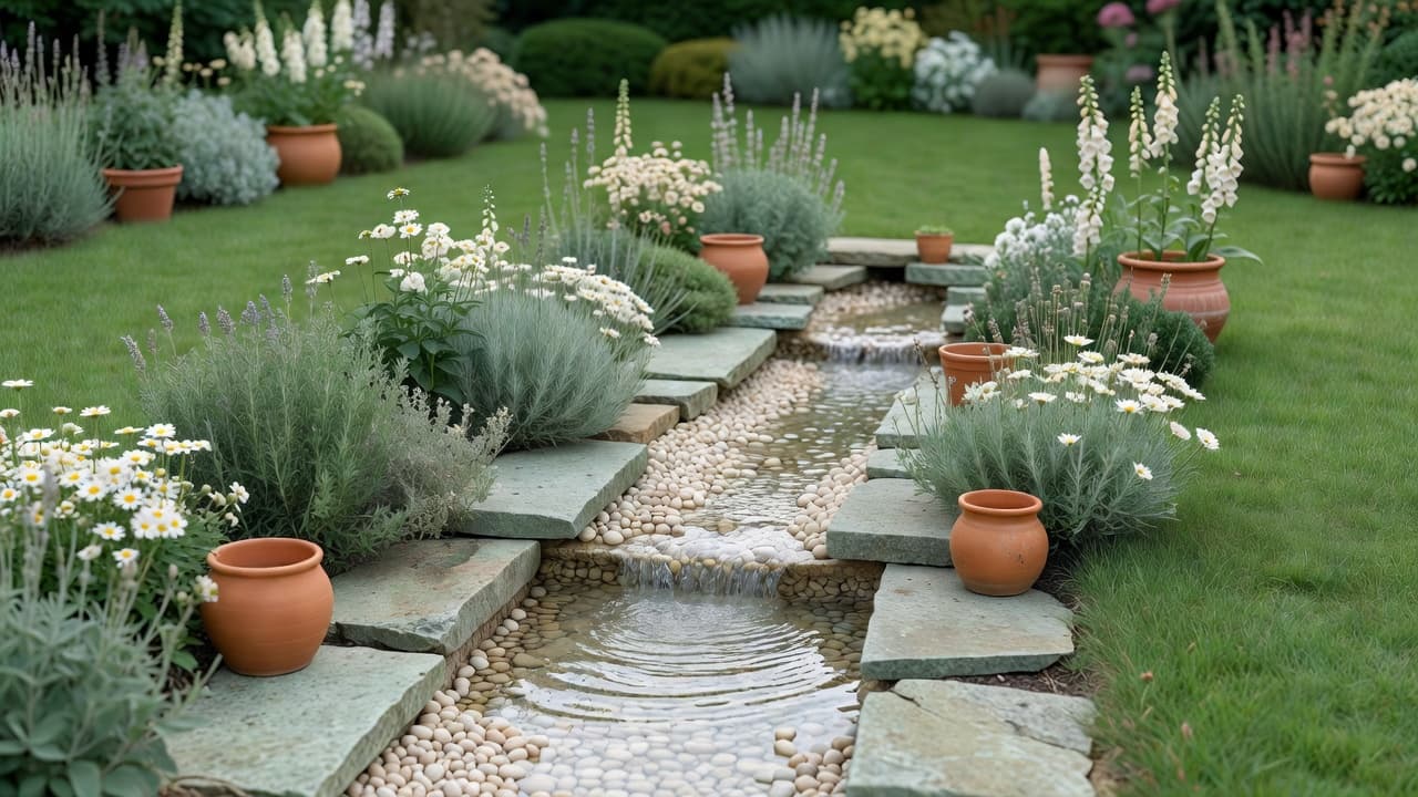 Design de jardim adequado para cães com canal de água pouco profundo para beber e chapinhar junto a uma área de relvado