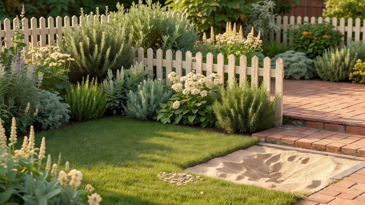 Pet friendly garden design with a fenced lawn play area, a dog digging pit and dense safe planting along the border