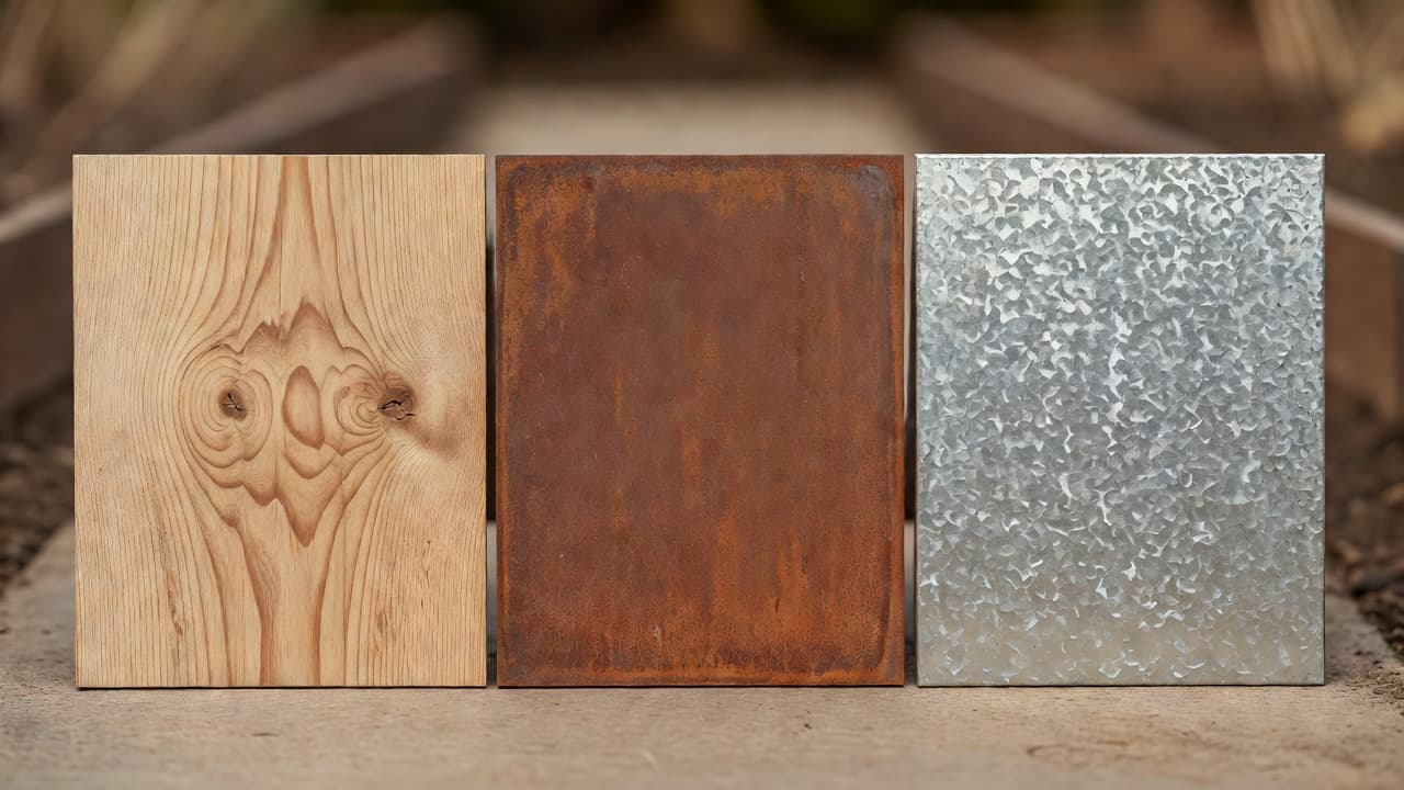 Comparación en primer plano de materiales para bancales elevados: madera de cedro clara, un panel de acero corten de color óxido y un panel de acero galvanizado plateado, uno al lado del otro con luz natural