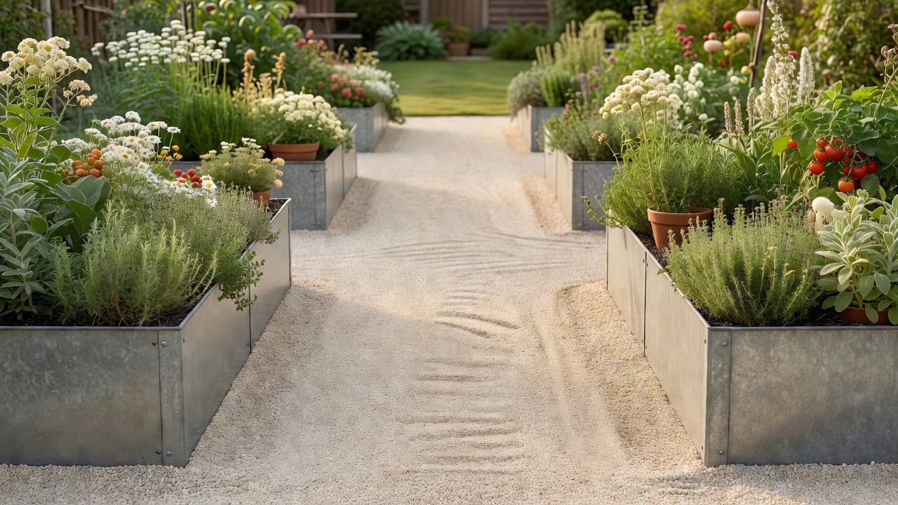 Diseño de bancal elevado accesible con bancales de acero galvanizado a la altura de la cintura y un camino de grava ancho y llano apto para silla de ruedas, en un jardín trasero soleado