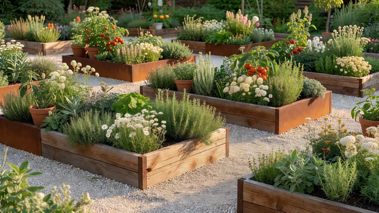 Raised bed garden design featuring a mix of timber and corten steel raised beds arranged in a warm, sunny back garden with gravel paths between them