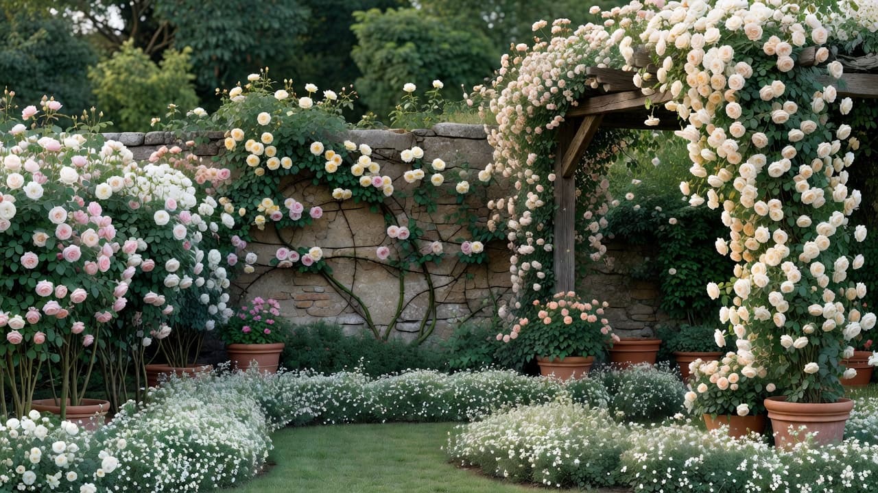 Four rose types side by side in a garden design: an upright shrub rose border, a climbing rose trained flat on a wall, a rambling rose over a pergola and a low groundcover rose at the front of a bed