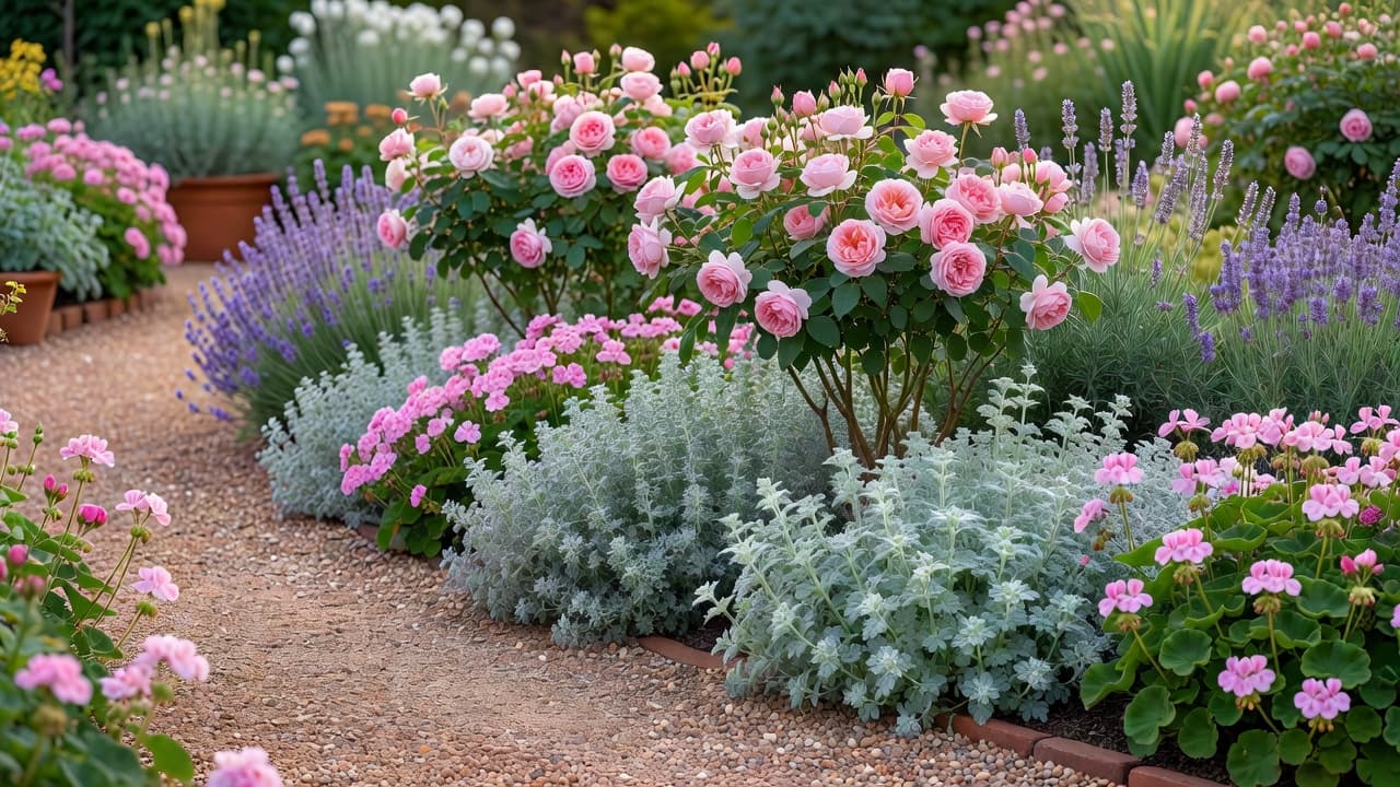 A rose border underplanted with catmint, lavender and hardy geraniums, showing companion planting that hides bare rose stems and extends the season of interest
