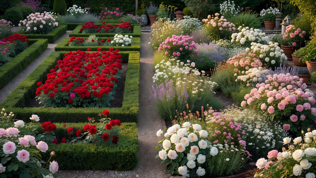 Split view comparing two rose garden design layouts: a formal parterre with clipped box hedging and blocks of a single rose variety, next to an informal cottage-style rose border mixed with perennials