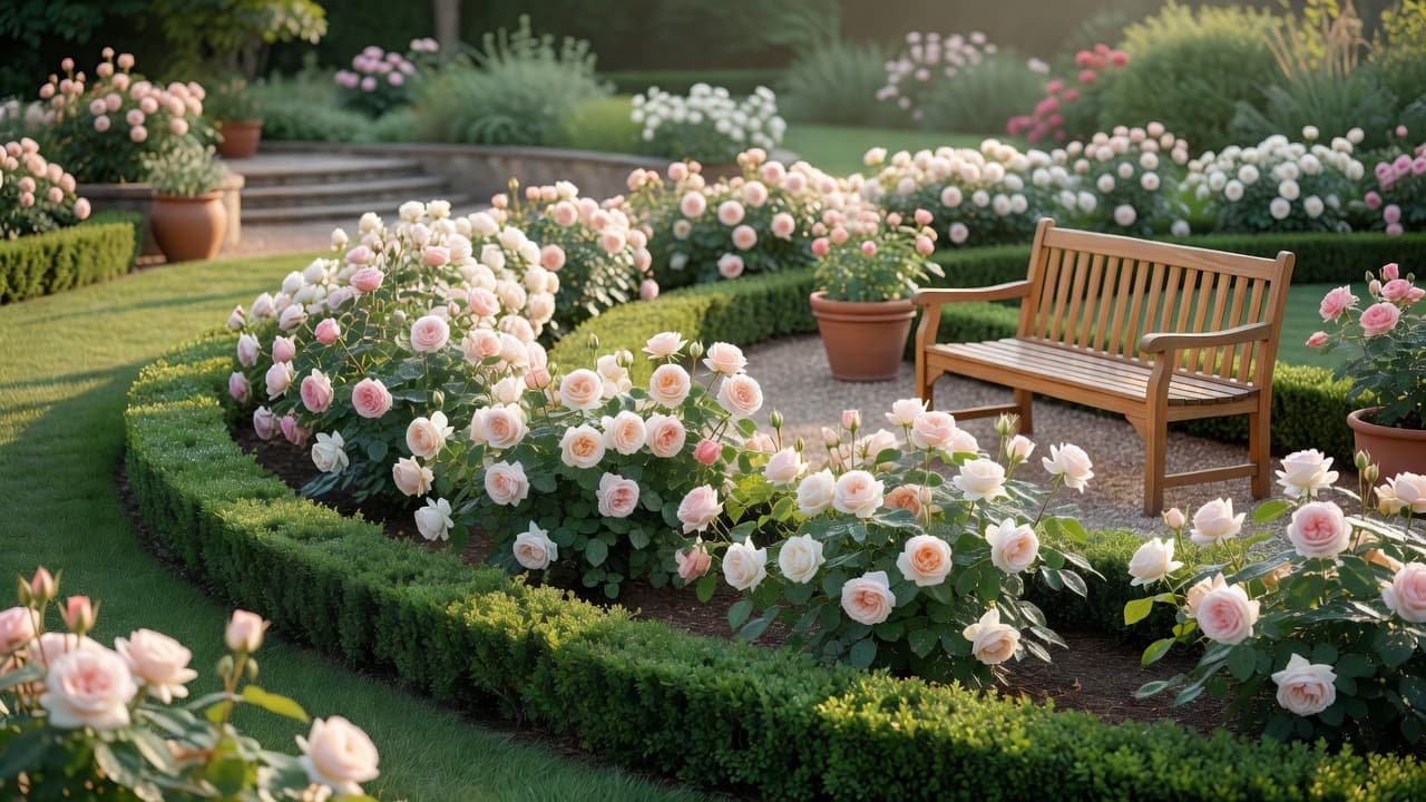 A mature, well-designed rose garden border in early summer with roses in three repeated colours and a clipped low hedge along the front edge