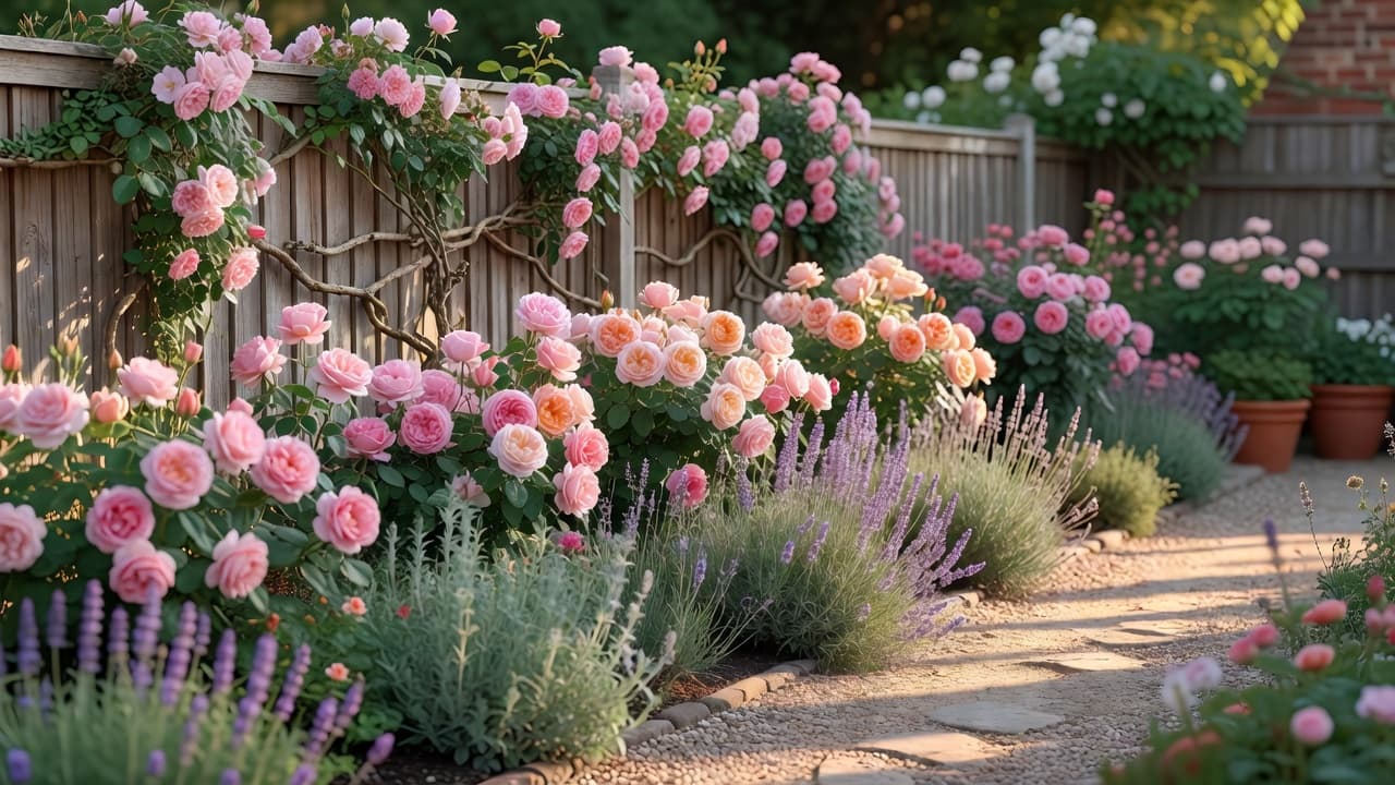 A mixed rose garden border in full bloom with shrub roses and a climbing rose trained along a fence, an example of garden design with roses built as a layered border rather than a single bed