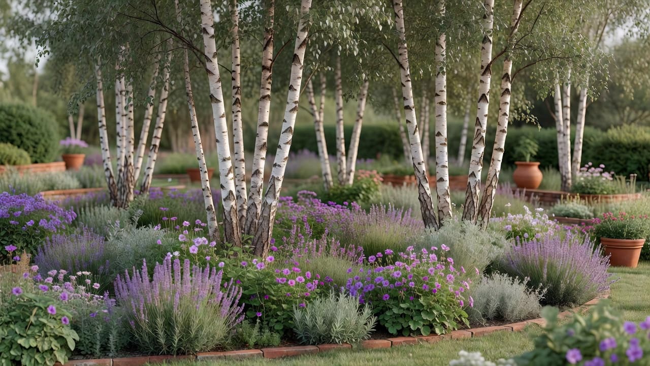 Multistem silver birch trees underplanted with lavender and hardy geraniums in a Scandinavian garden design border