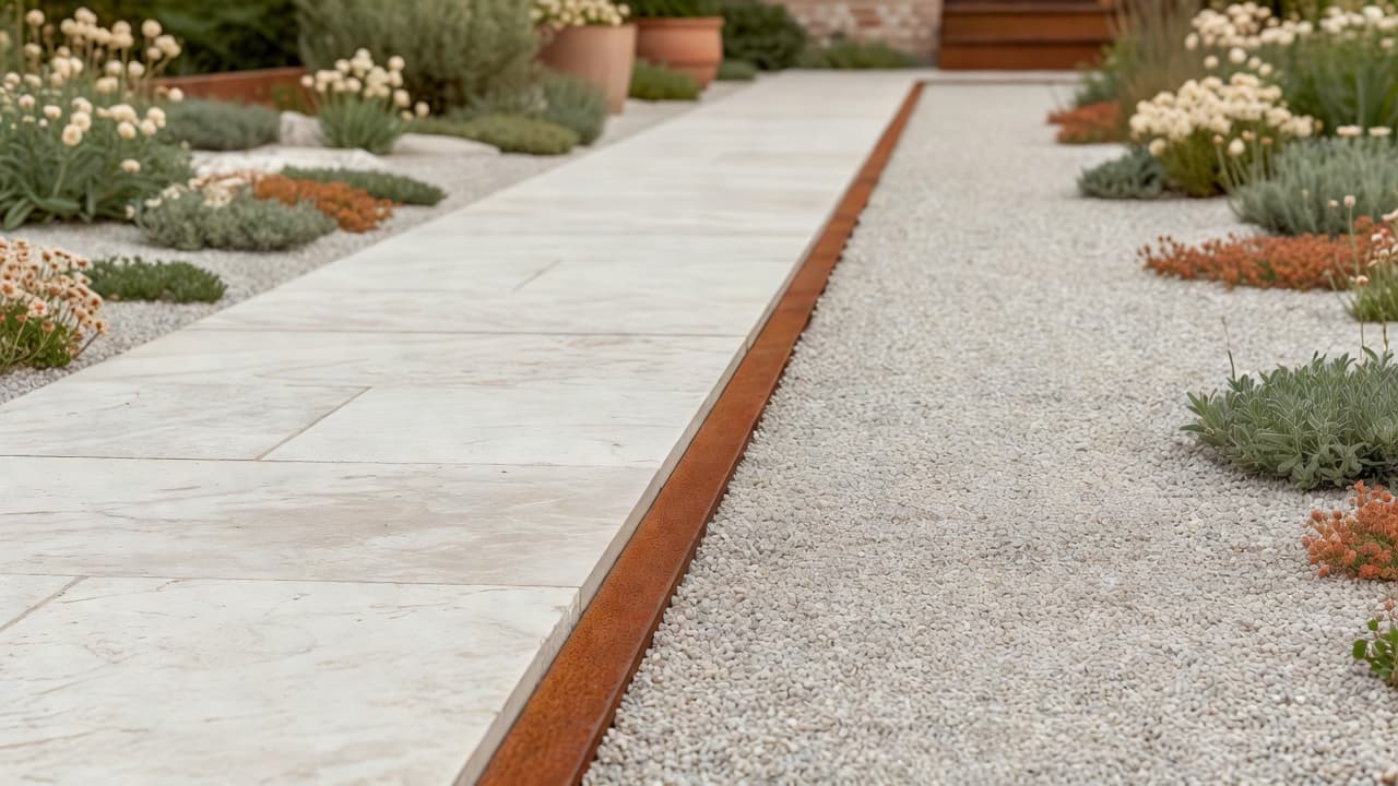 Pale limestone paving, gravel paths and corten steel edging in a Scandinavian style garden
