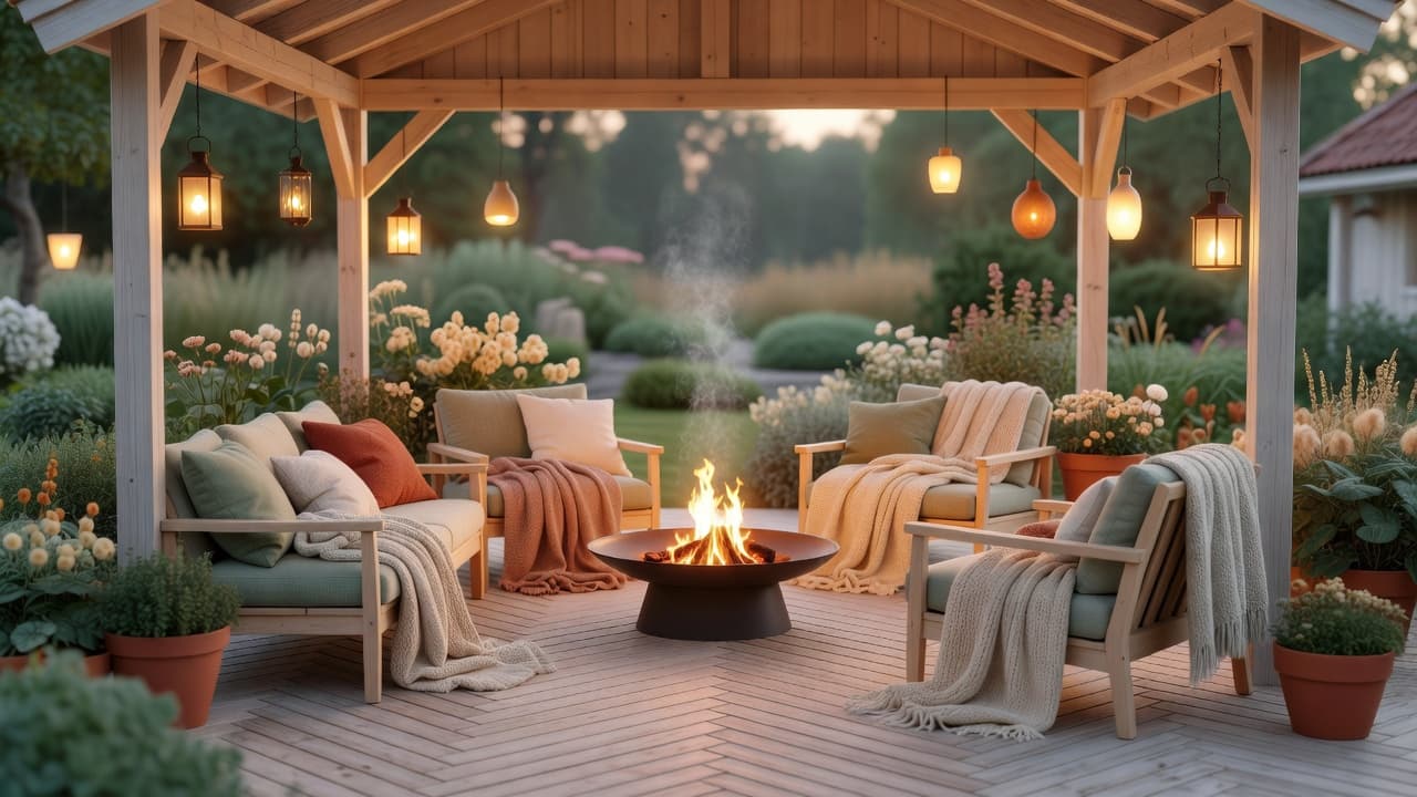 A sheltered Scandinavian garden seating area with a fire pit and warm layered lighting at dusk