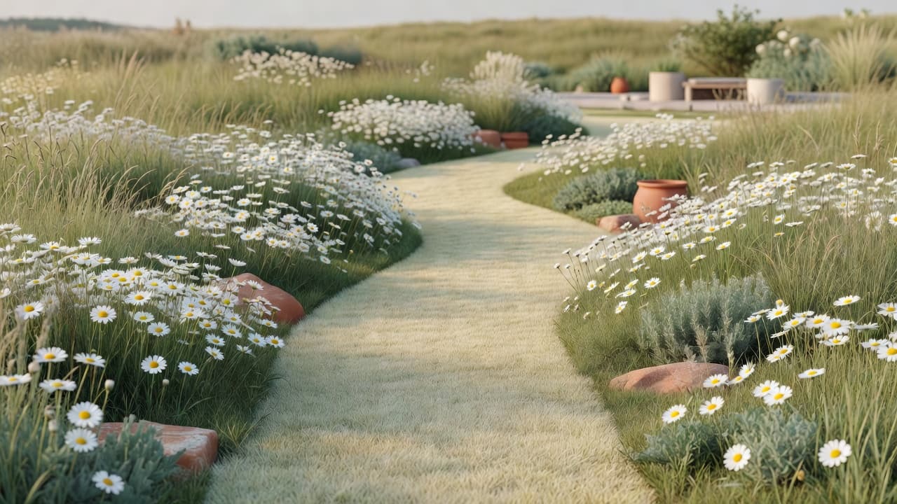 A section of lawn left unmown as a native wildflower meadow with ox-eye daisies, part of a Scandinavian garden design